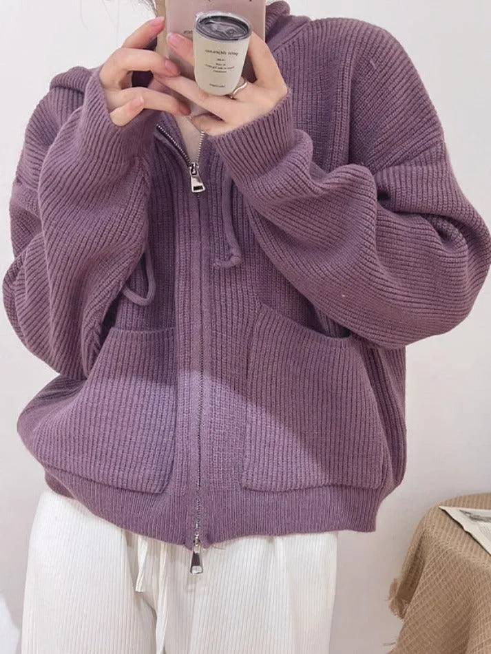 Back To School Sonicelife Solid Double Zip Hooded Cardigan