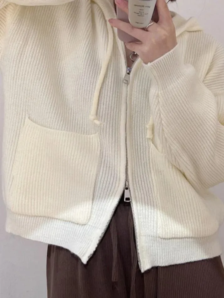 Back To School Sonicelife Solid Double Zip Hooded Cardigan