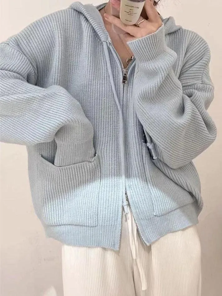 Back To School Sonicelife Solid Double Zip Hooded Cardigan