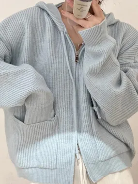 Back To School Sonicelife Solid Double Zip Hooded Cardigan