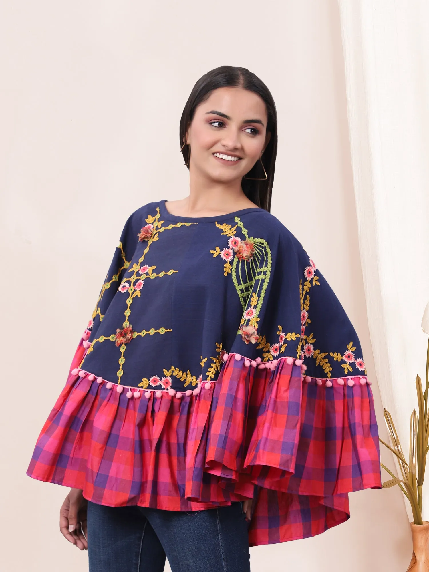 Blue Bird Cage Embroidered Circular Poncho