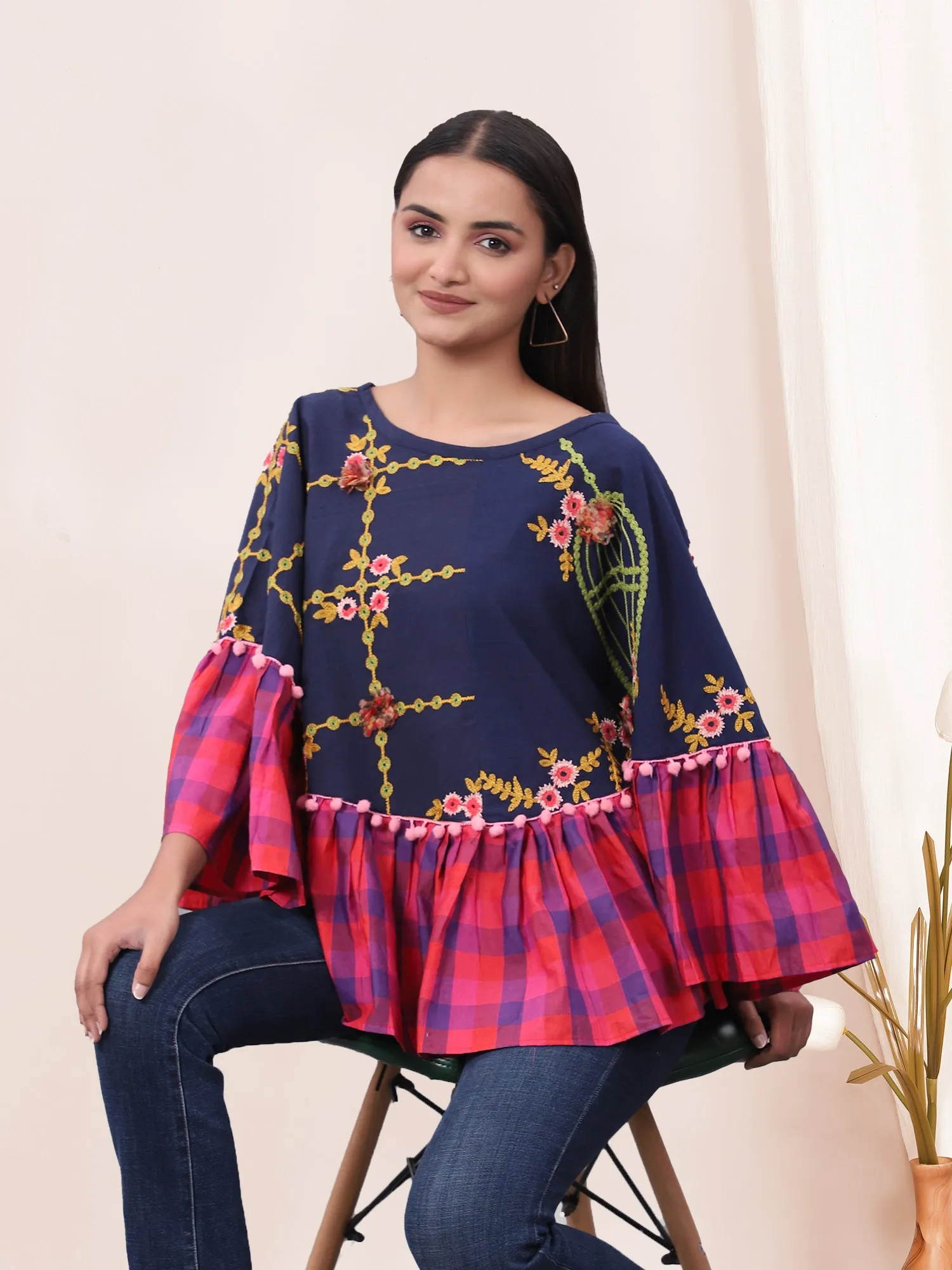 Blue Bird Cage Embroidered Circular Poncho
