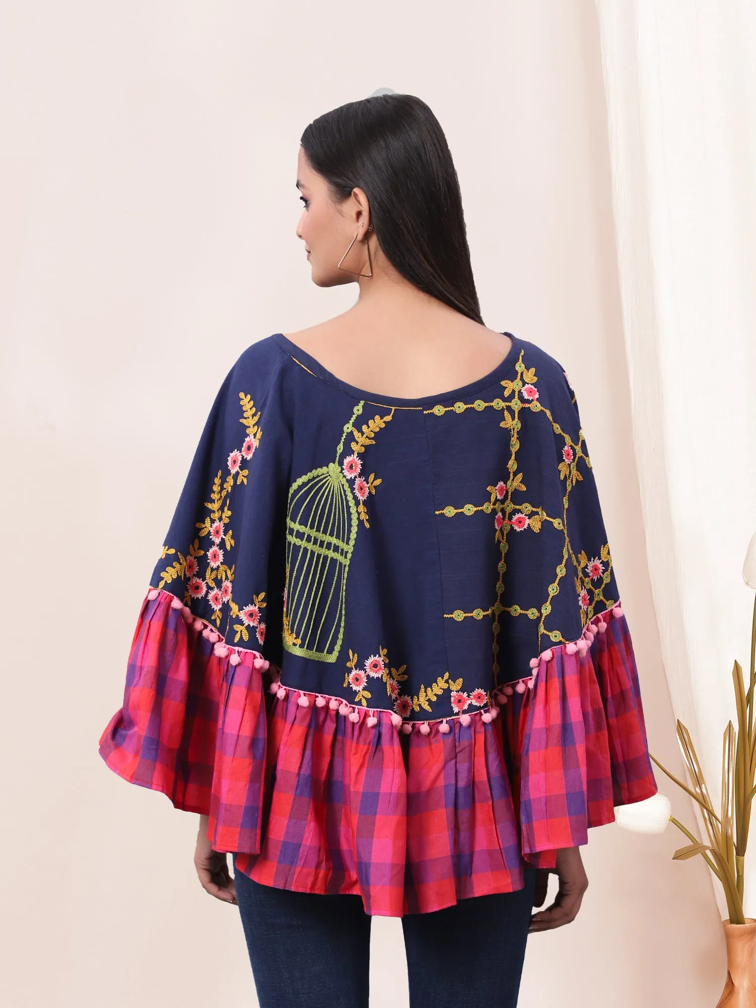 Blue Bird Cage Embroidered Circular Poncho