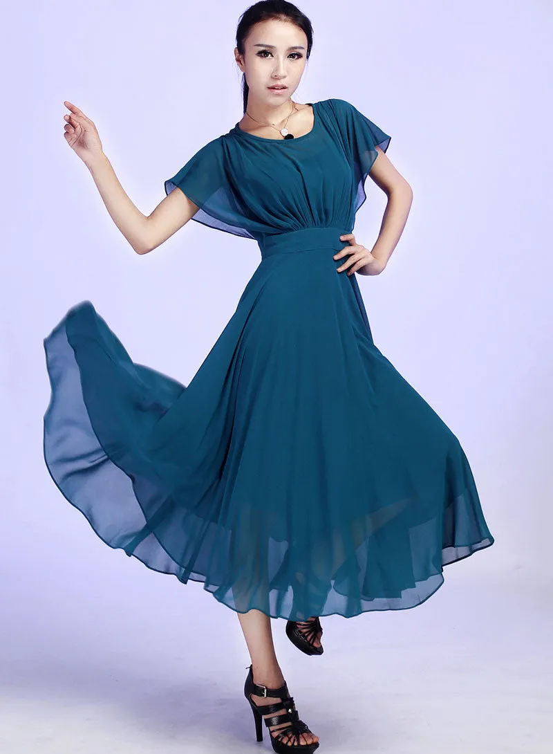Blue chiffon dress woman Prom dress Custom made maxi dress 613#
