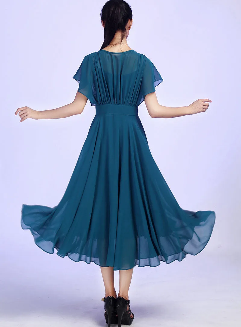 Blue chiffon dress woman Prom dress Custom made maxi dress 613#
