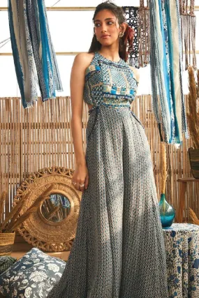 BLUE GEOMETRIC CUT OUT JUMPSUIT