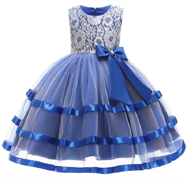 Blue Ribbon & Lace Dress, Size 3-12 Yrs