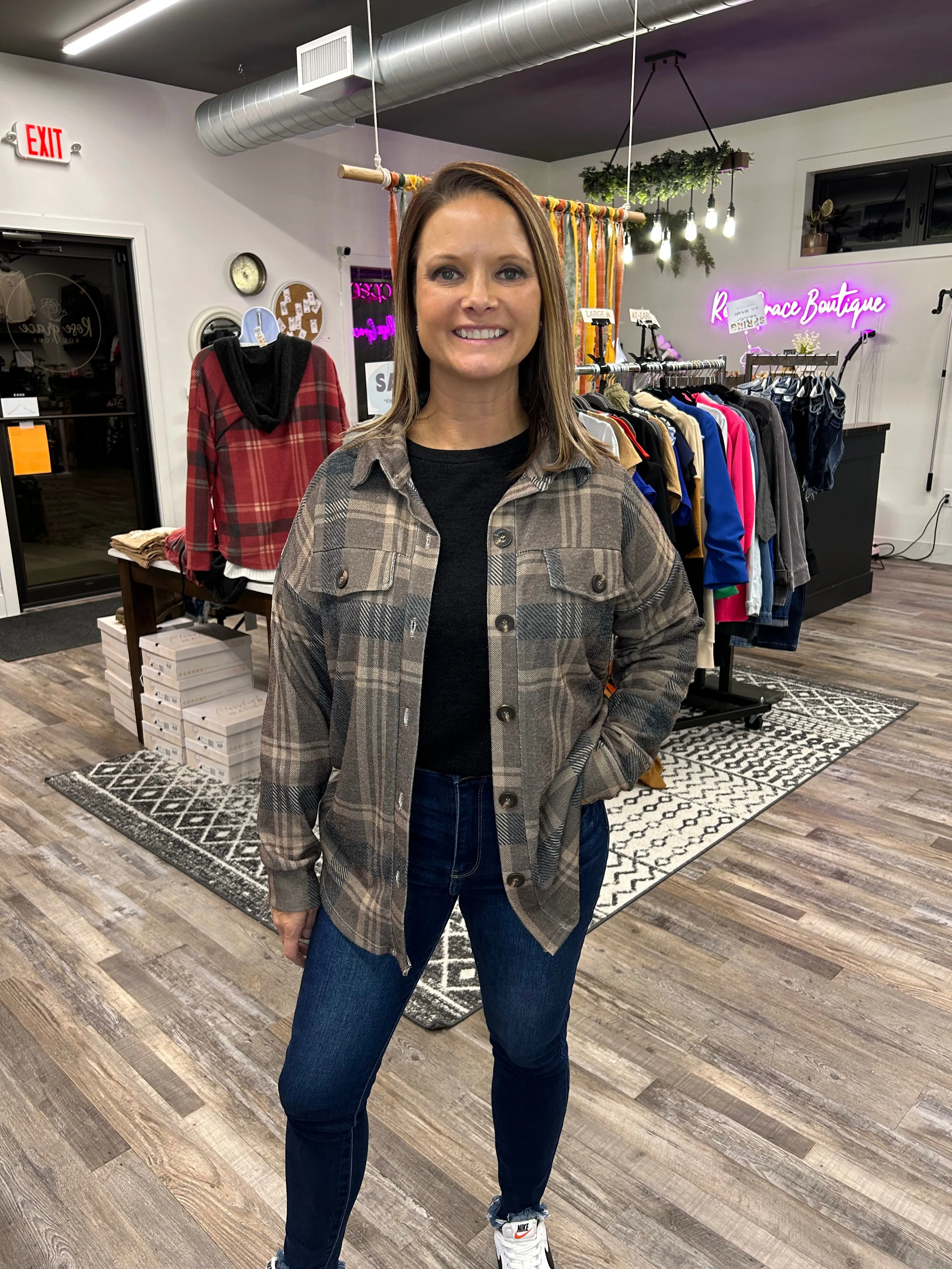 Brown Plaid Knit Button Down