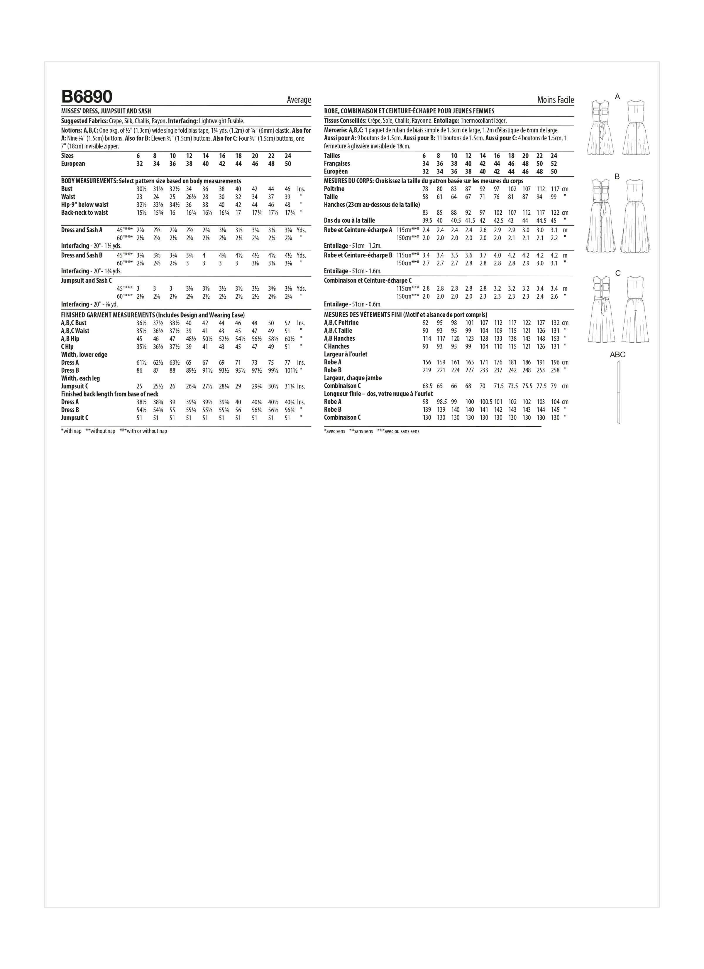 Butterick sewing pattern 6890 Misses' Dress, Jumpsuit and Sash
