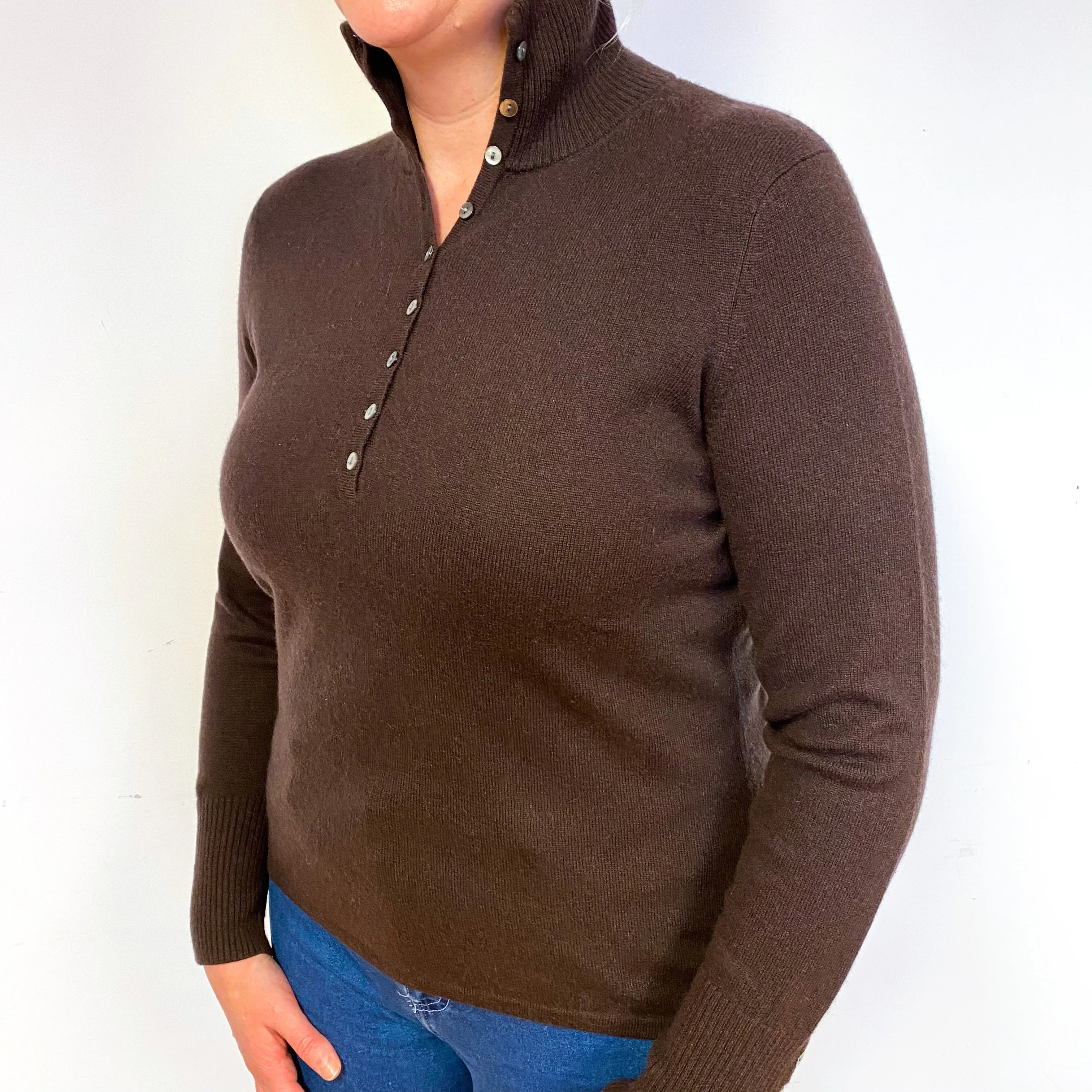 Chocolate Brown Cashmere Buttoned Polo Neck Jumper Large