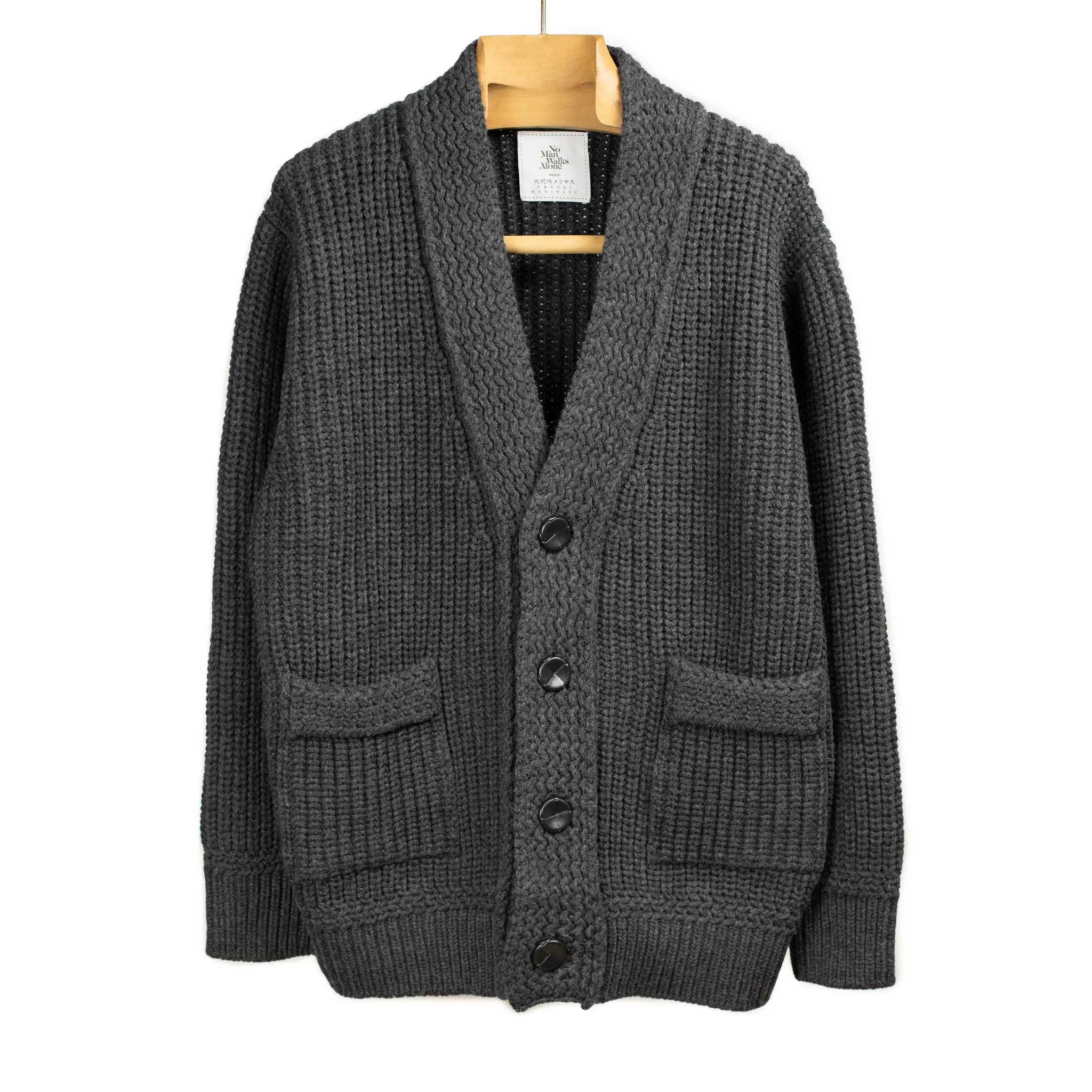 Chunky ribbed cardigan in mid-grey French Merino wool (restock)