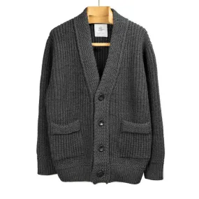 Chunky ribbed cardigan in mid-grey French Merino wool (restock)