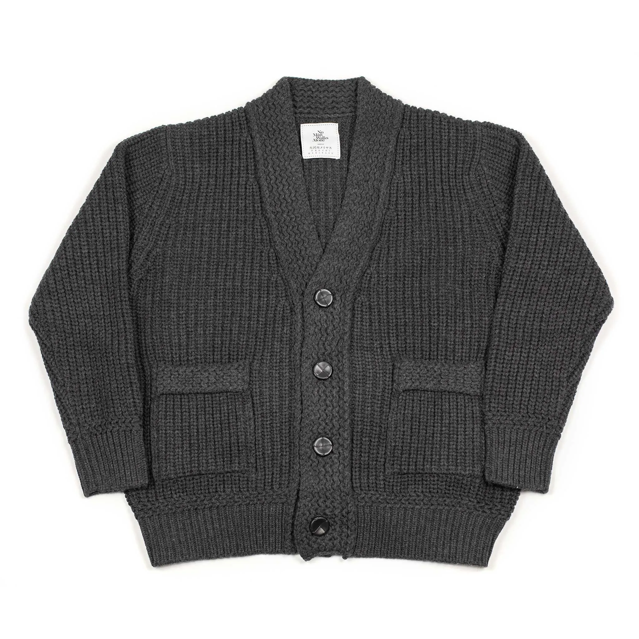 Chunky ribbed cardigan in mid-grey French Merino wool (restock)