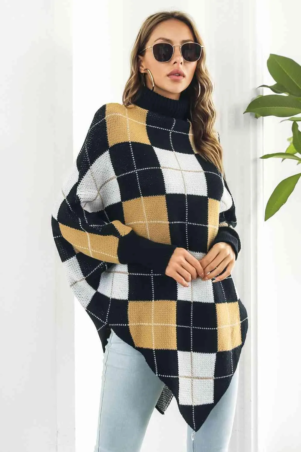 Classic Comfort Turtle Neck Plaid Poncho