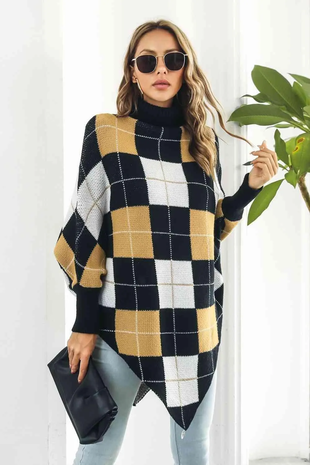 Classic Comfort Turtle Neck Plaid Poncho
