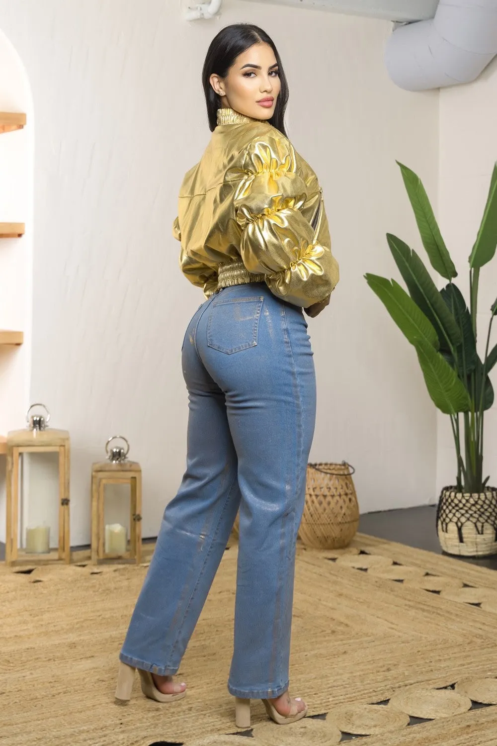 Consuelo Foil bomber jacket with ruched sleeve