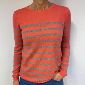Coral and Grey Stripe Cashmere Crew Neck Jumper Medium