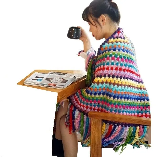 CQL Women's Elegant Fashion Multicolor Handmade Crochet Poncho Scarf