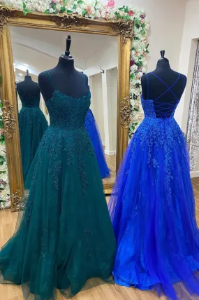 Cute Spaghetti Strap Lace Long Prom Dress, A-Line Backless Evening Dress