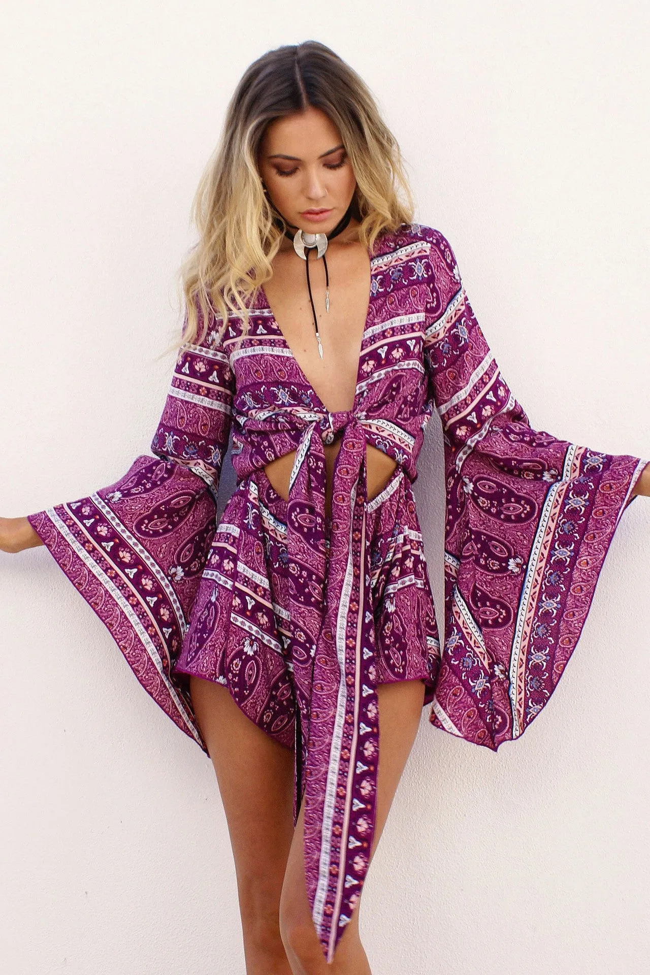 Deep V-neck Loose Print Long Sleeves Romper