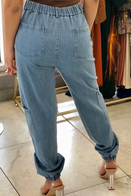 Denim Six Pocket Cargo Elastic Waist Jogger Pant