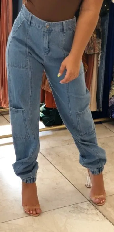 Denim Six Pocket Cargo Elastic Waist Jogger Pant