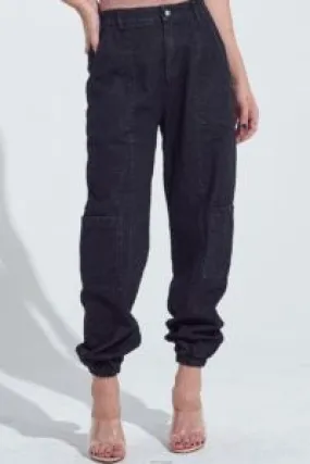 Denim Six Pocket Cargo Elastic Waist Jogger Pant
