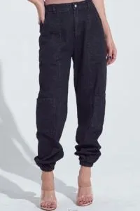Denim Six Pocket Cargo Elastic Waist Jogger Pant