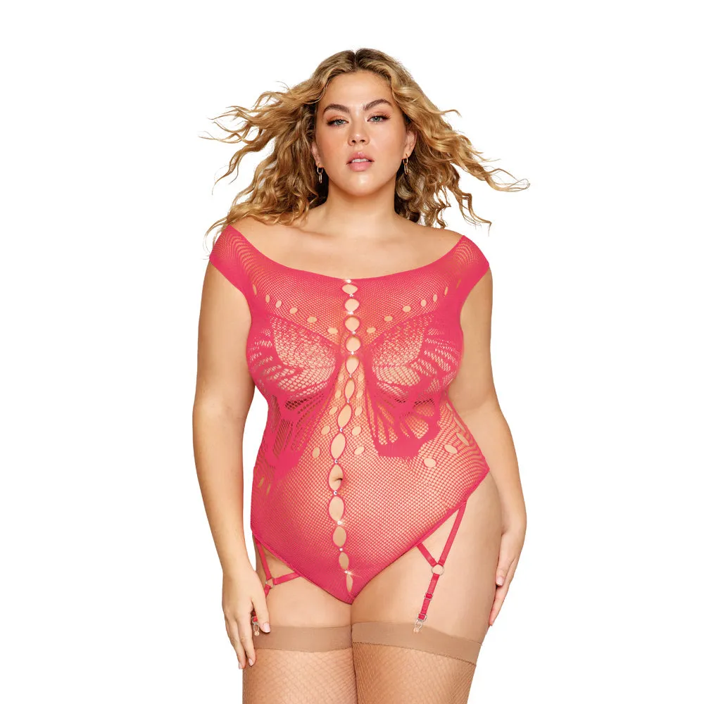 Dreamgirl Butterfly Fishnet Teddy with Garter Straps Watermelon Queen Size