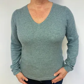 Duck Egg Green Cashmere V-Neck Jumper. Large.