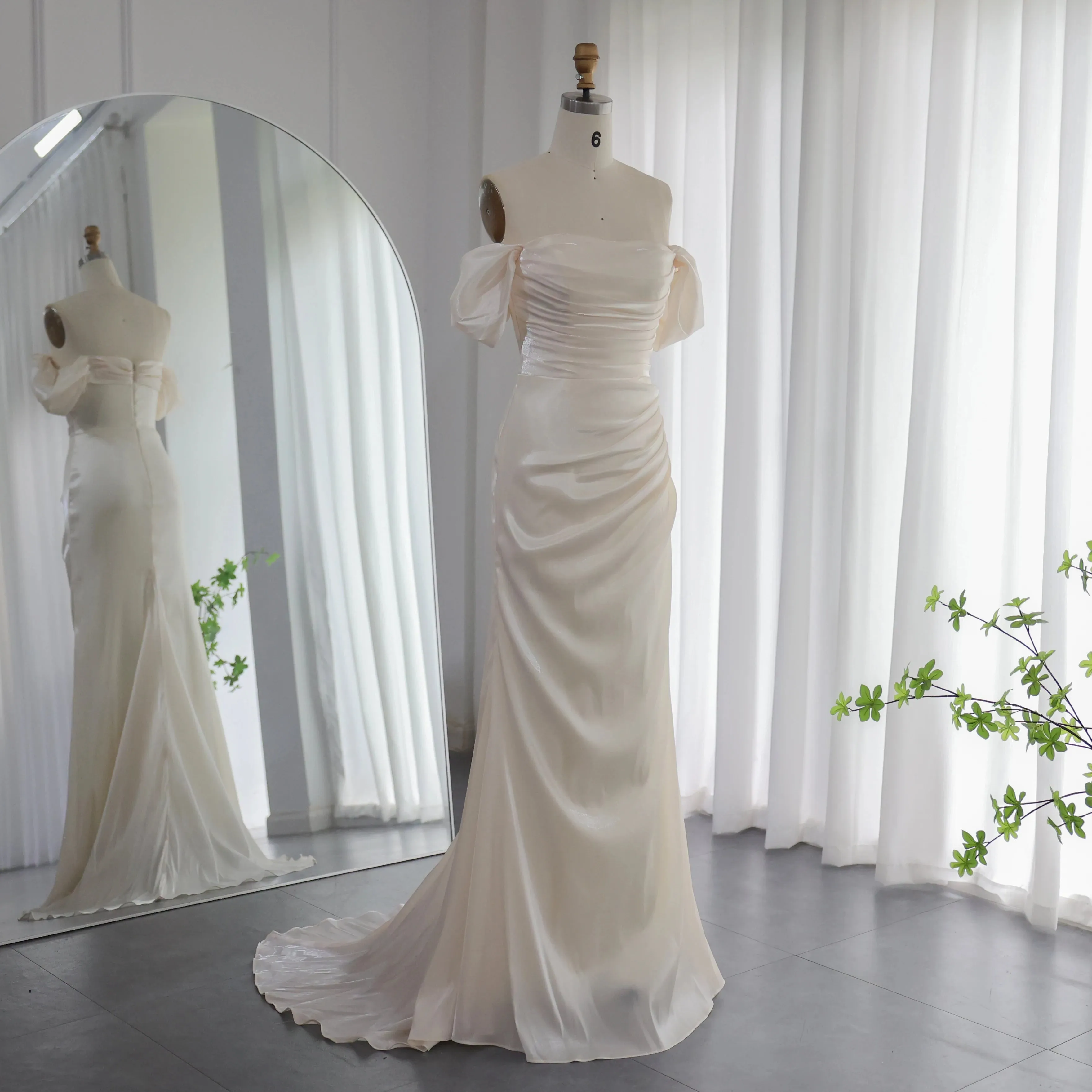 Elegant Off Shoulder Mermaid Beige Evening Dress