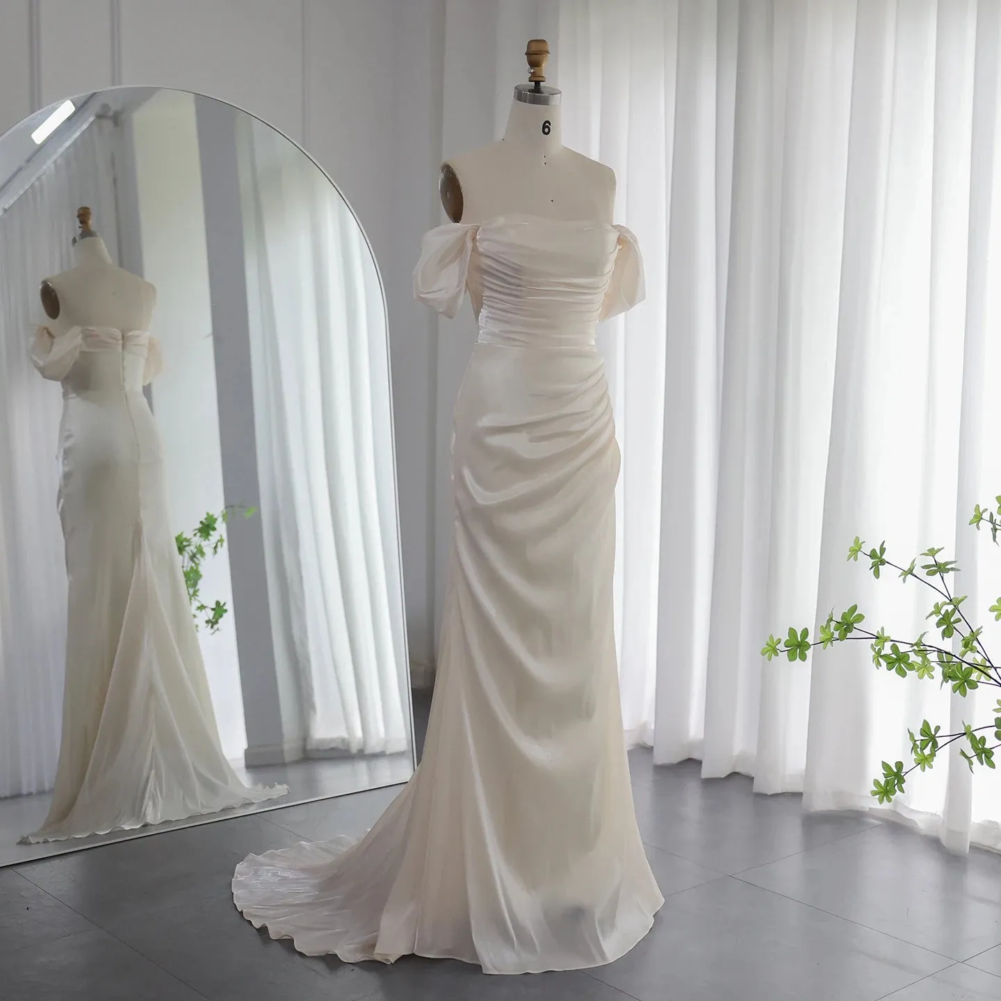 Elegant Off Shoulder Mermaid Beige Evening Dress