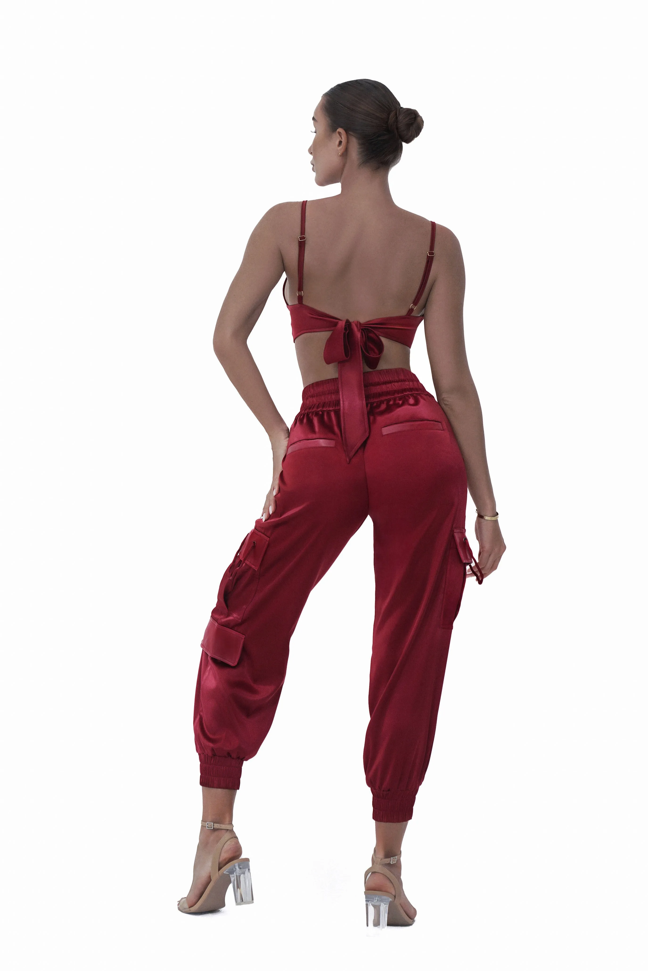 Emerge Satin Cargo Pants - Bordeaux
