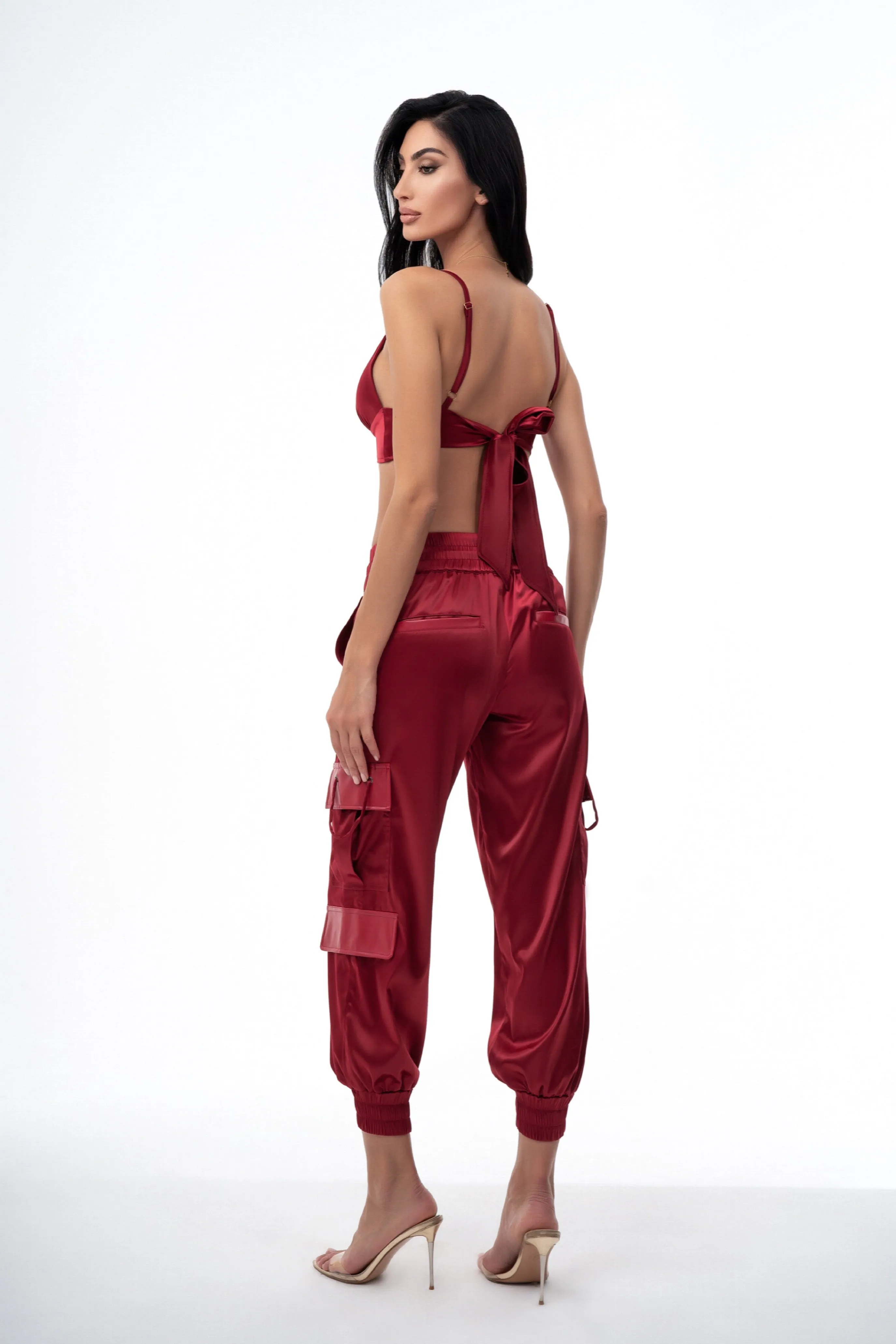 Emerge Satin Cargo Pants - Bordeaux