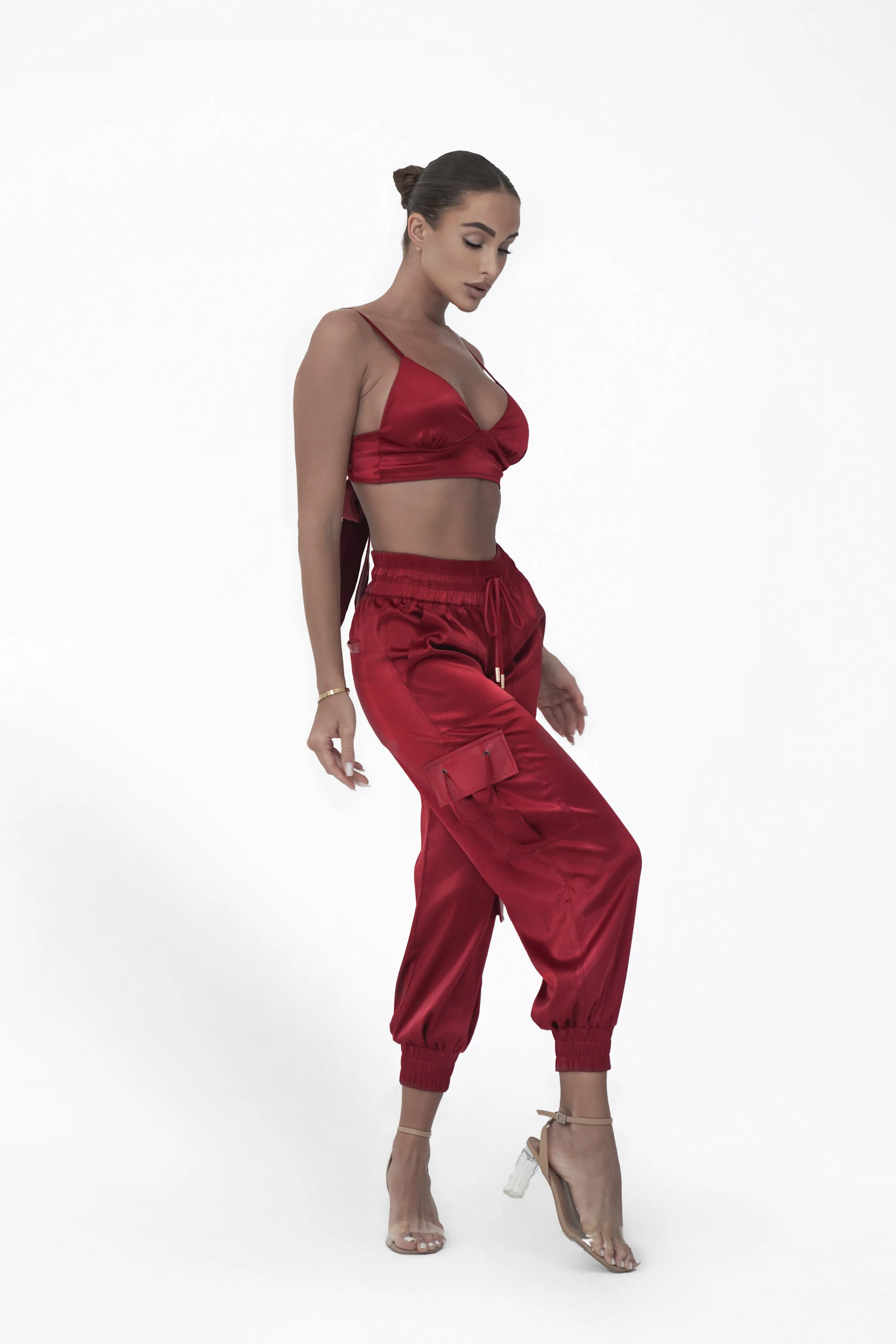 Emerge Satin Cargo Pants - Bordeaux