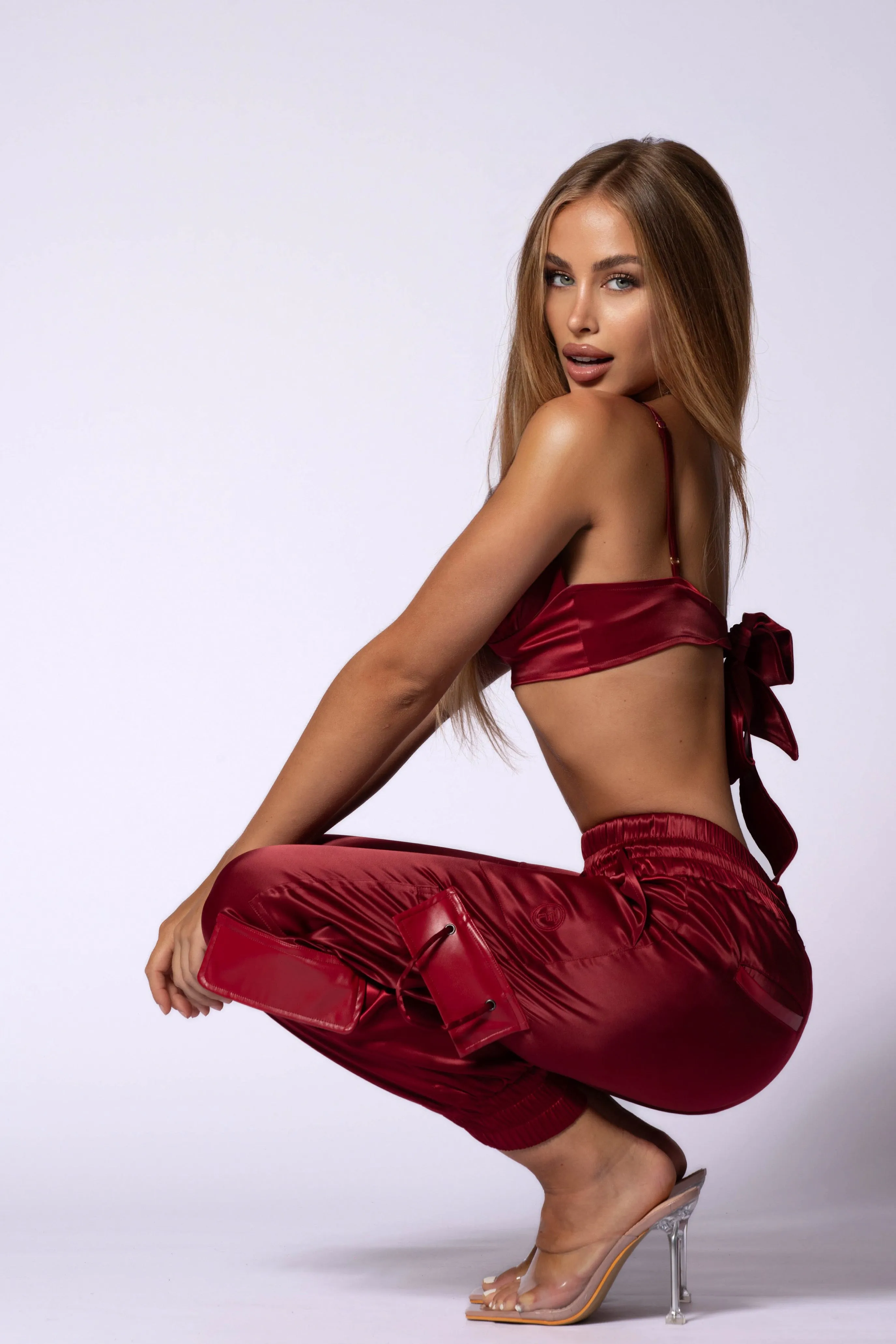 Emerge Satin Cargo Pants - Bordeaux