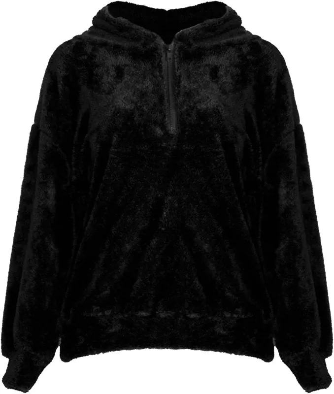 Fashion Star Women's Oversized Teddy Bear Faux Fur Fluffy Coat | Half Zip Side Pockets Winter Fleece Hoody
