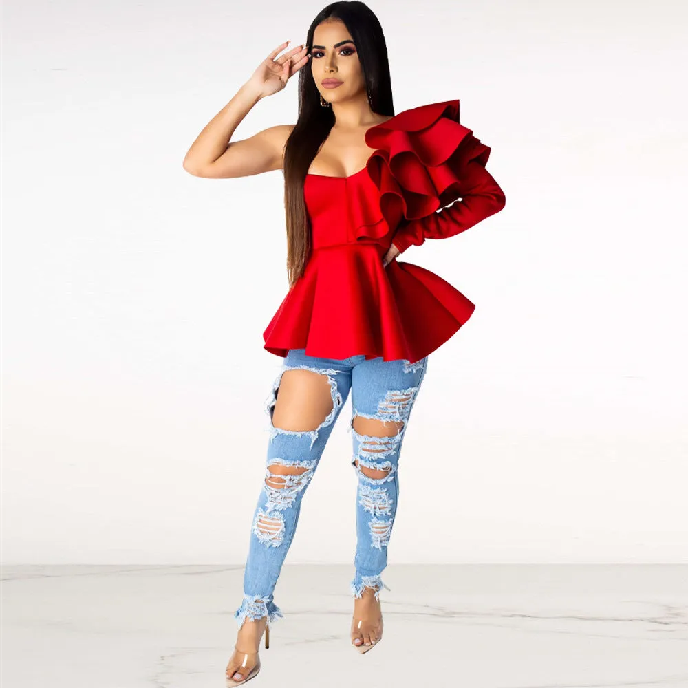 Fashion Women's Wear Cotton Blend Sexy Pullover Neck Slim Fit Ruffle Top