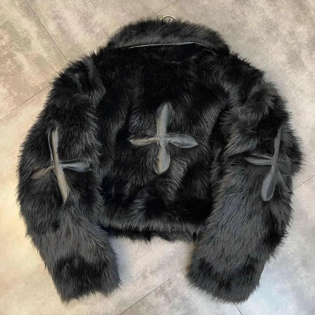 Fashionkova 2024 Winter Women Jacket Lapel Long Sleeve Patch PU Cross Fur Cotton Coat
