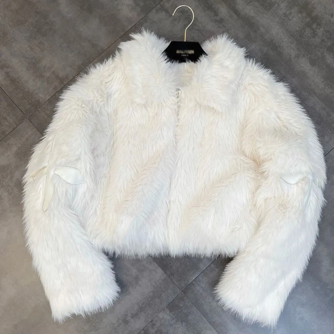 Fashionkova 2024 Winter Women Jacket Lapel Long Sleeve Patch PU Cross Fur Cotton Coat