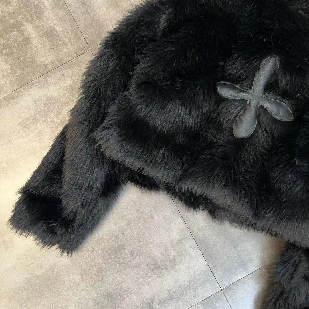 Fashionkova 2024 Winter Women Jacket Lapel Long Sleeve Patch PU Cross Fur Cotton Coat