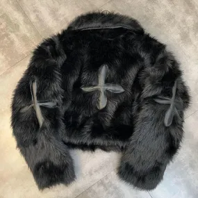 Fashionkova 2024 Winter Women Jacket Lapel Long Sleeve Patch PU Cross Fur Cotton Coat
