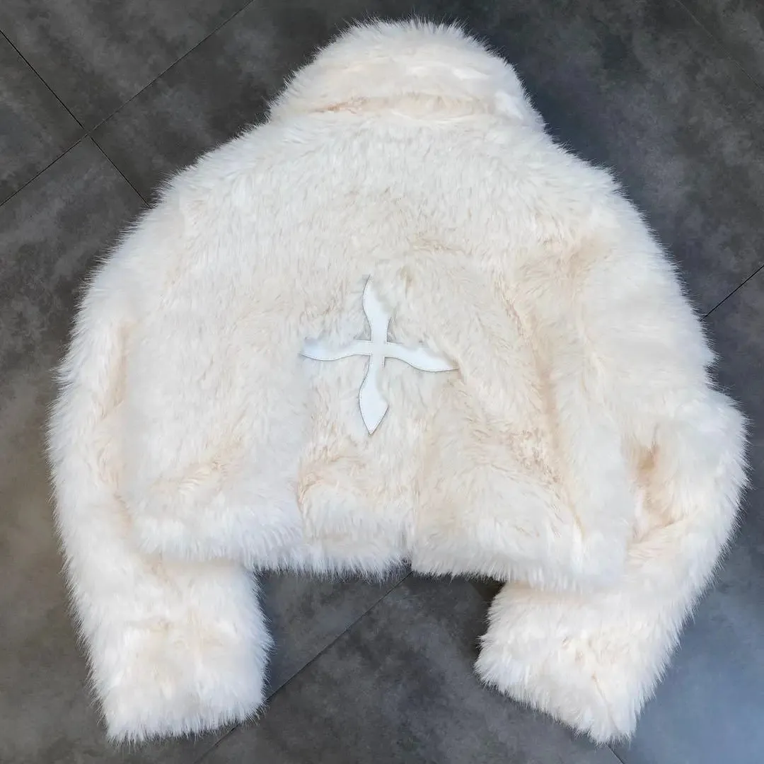 Fashionkova 2024 Winter Women Jacket Lapel Long Sleeve Patch PU Cross Fur Cotton Coat