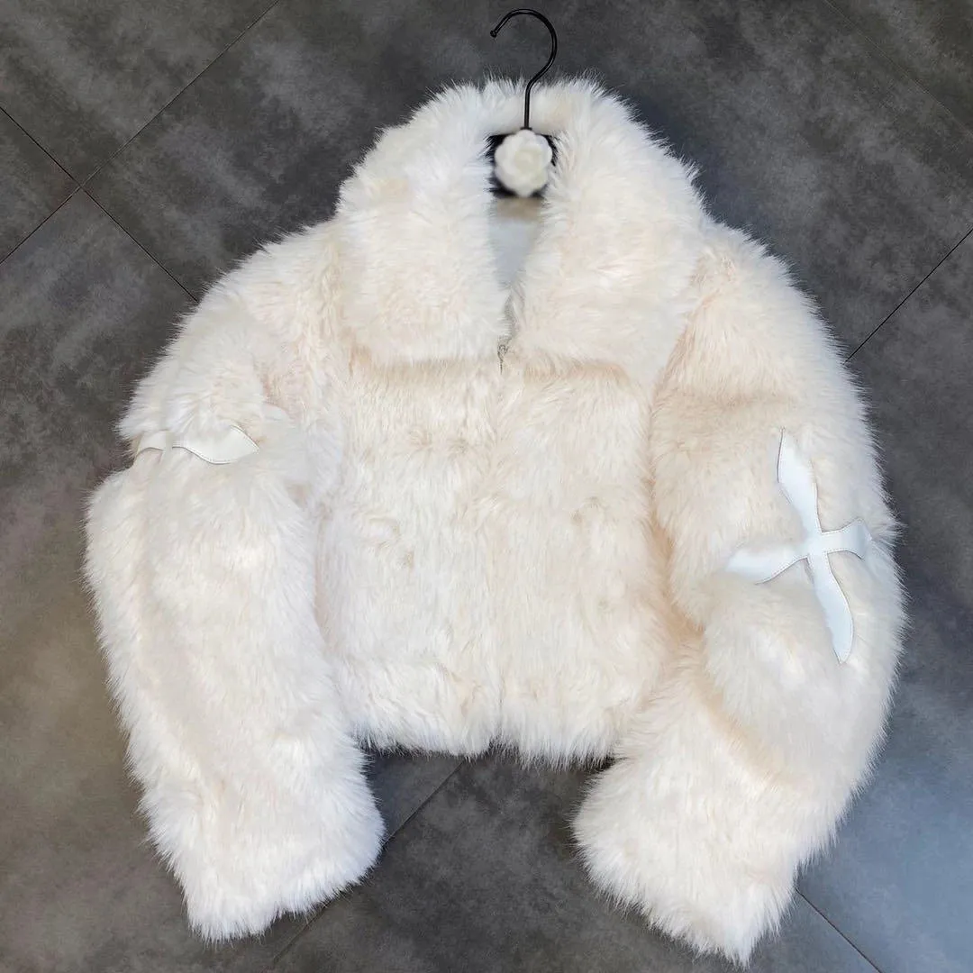Fashionkova 2024 Winter Women Jacket Lapel Long Sleeve Patch PU Cross Fur Cotton Coat