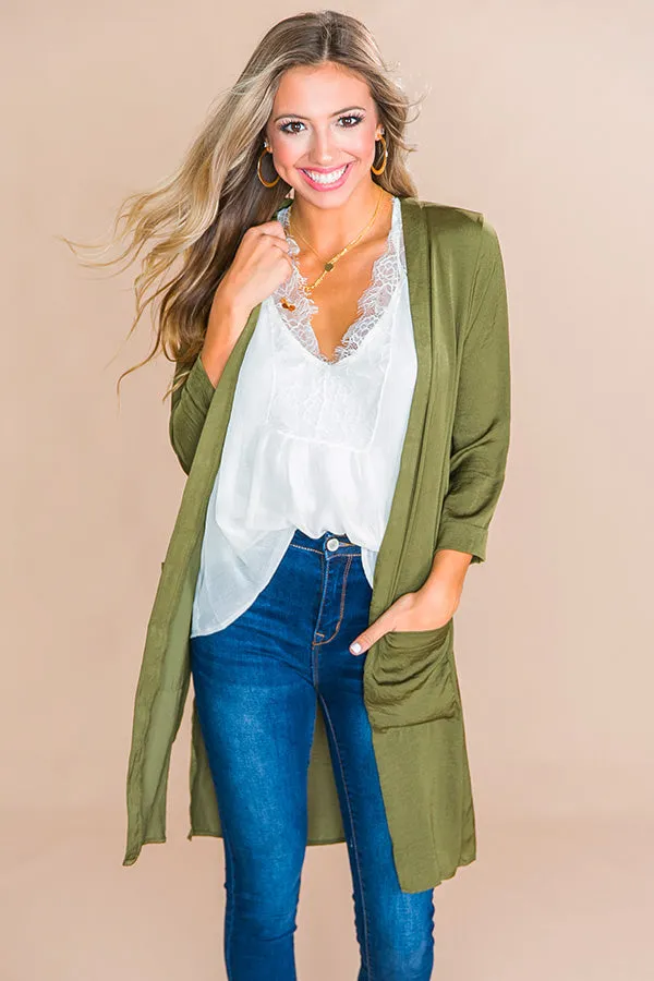 First Class Only Satin Cardigan in Olive