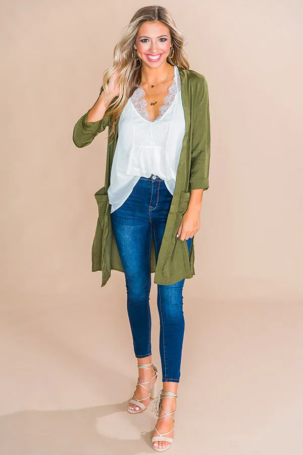 First Class Only Satin Cardigan in Olive