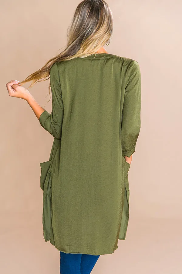 First Class Only Satin Cardigan in Olive
