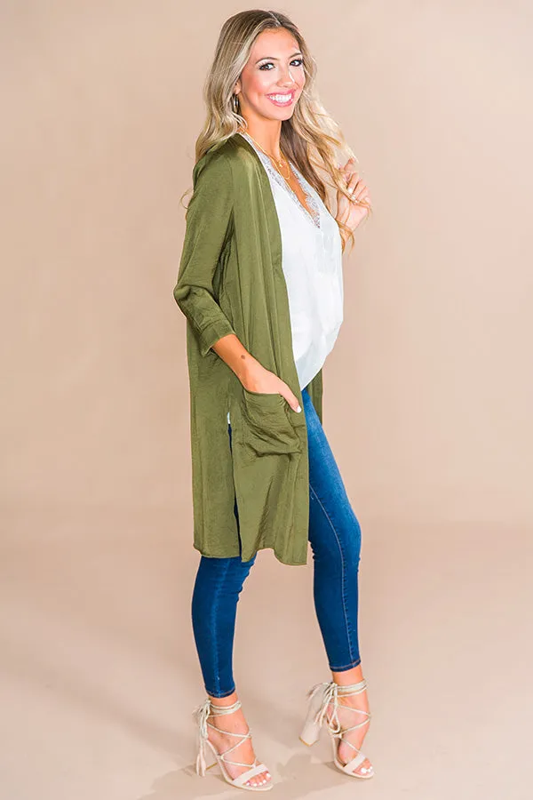 First Class Only Satin Cardigan in Olive
