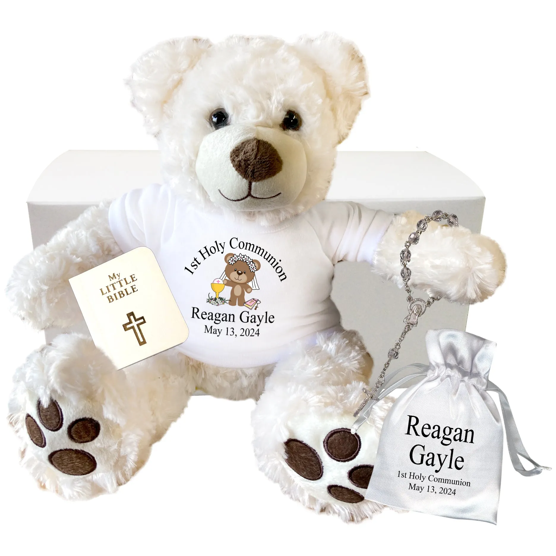 First Communion Teddy Bear Gift Set - Personalized 13" Vera Bear, Pearly White