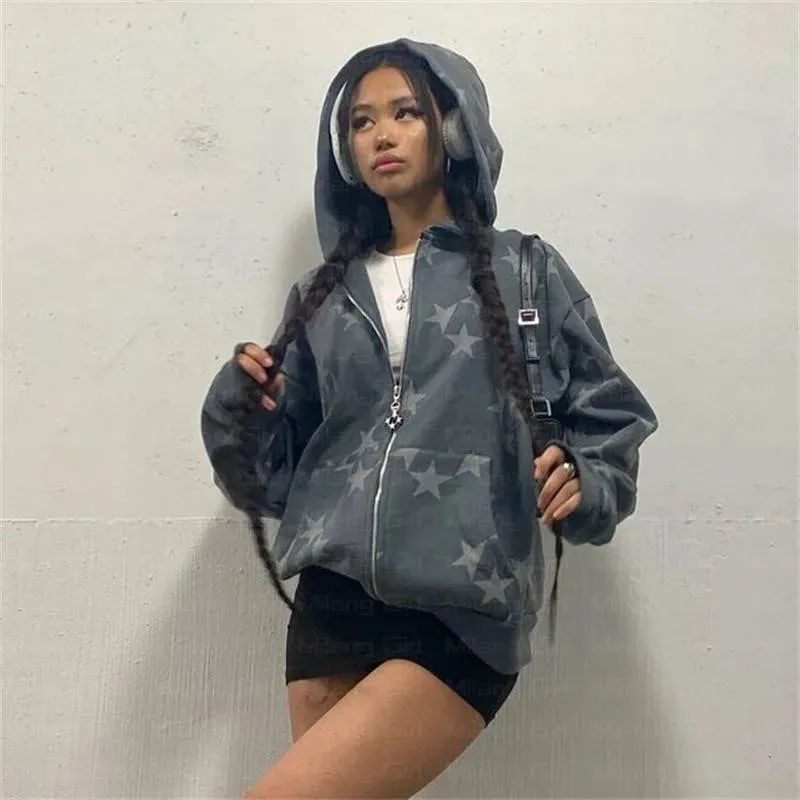 Flytonn-90s Vintage Y2K Pentagram Print Hoodies Long Sleeve Zip Up Graphic Gothic Harajuku Sweatshirts Women Aesthetic Fall Coat Shirt